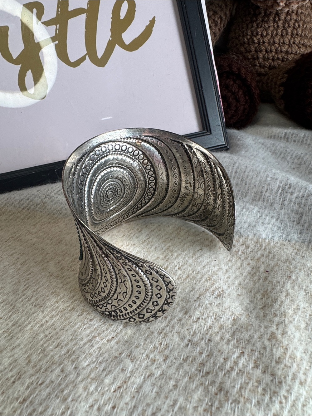 Turquoise Stone Beaded Silver Cuff Bracelet - Picture 2 of 2